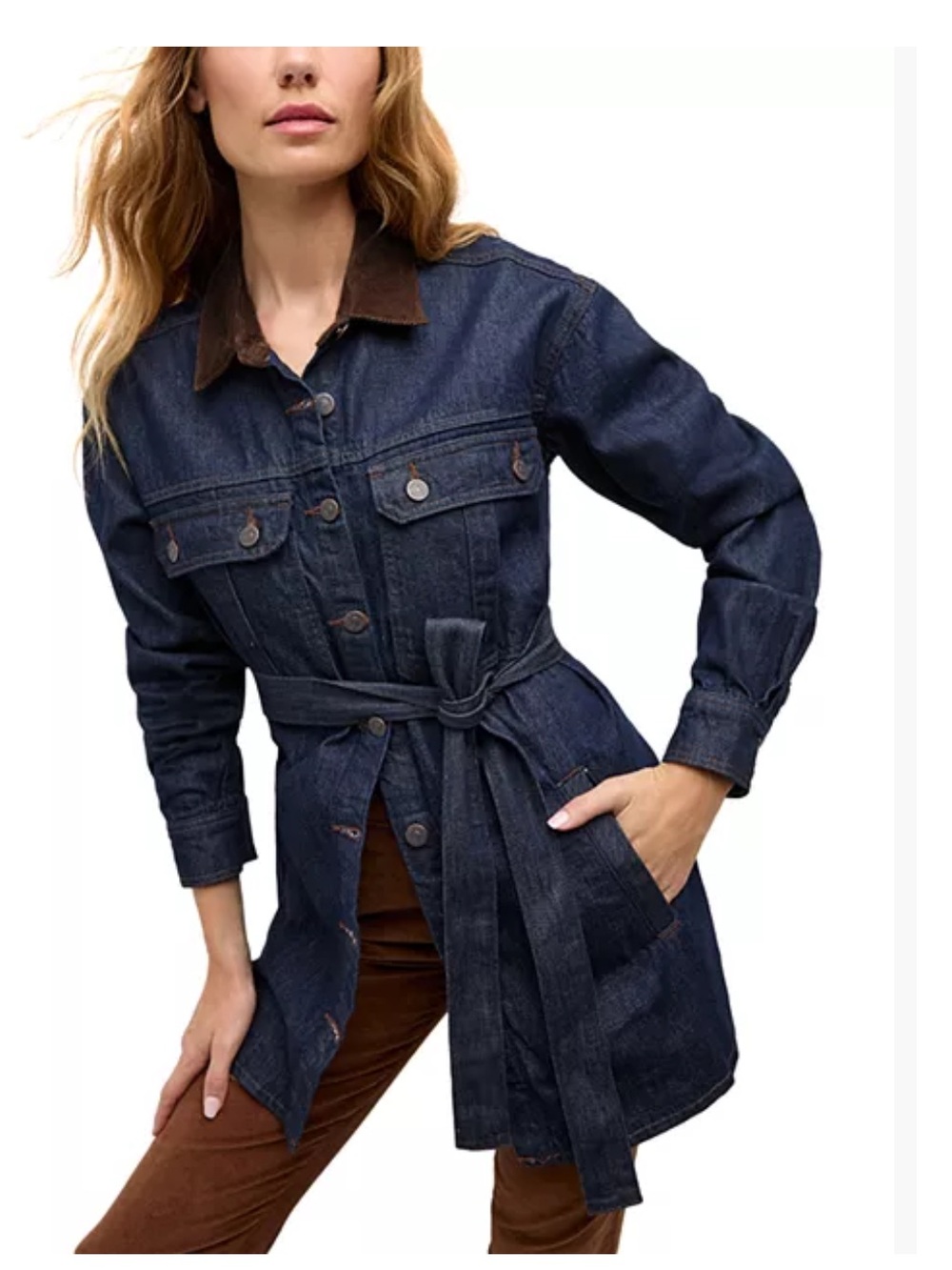 Veronica Beard Dark Blue Denim Tie-Waist Jacket with Brown Collar
